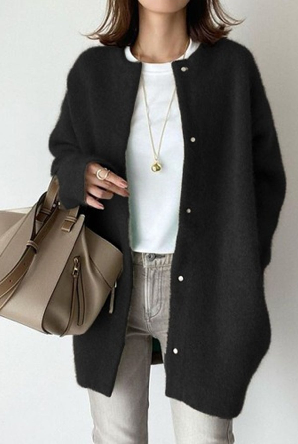 Cashmere Button-Front Cardigan in Black — front view