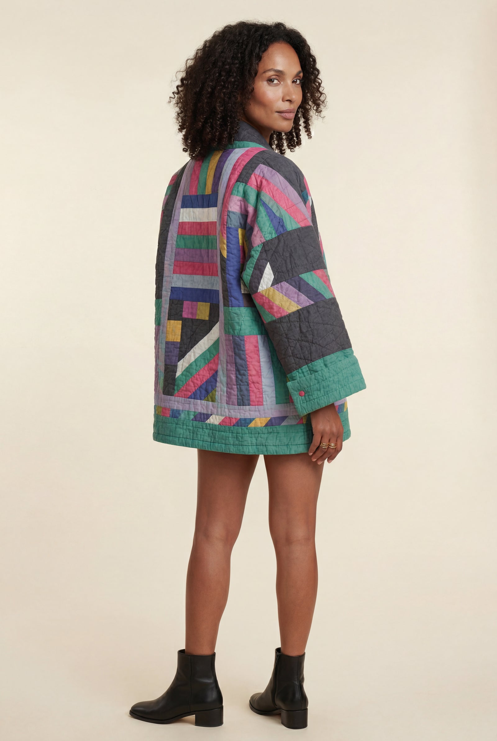 Black Charcoal Colorblock Quilted Kimono Jacket - Mid-length jackets - Photo 2