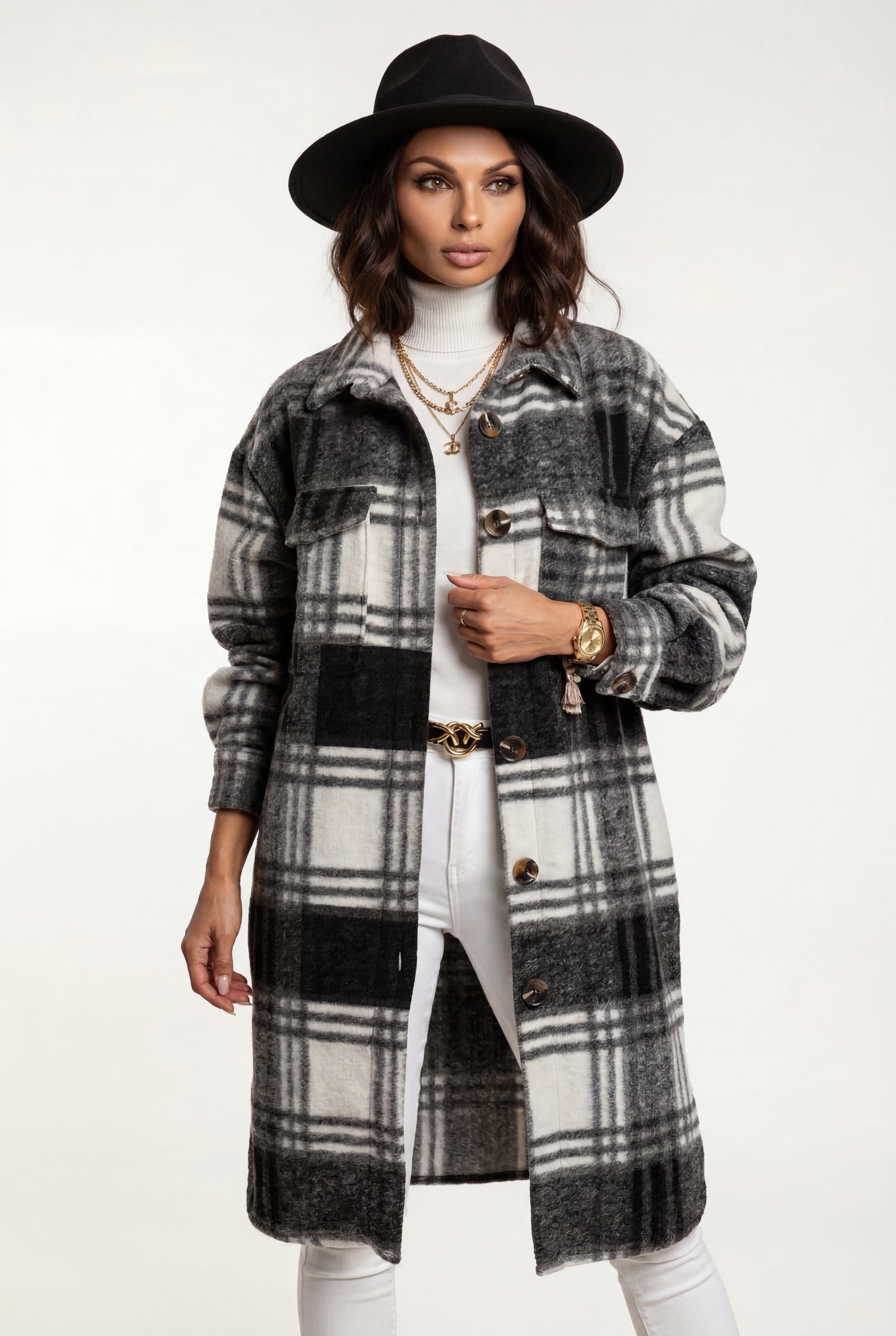 Black Checked Button-front Long Plaid Coat with Chest Pockets - Long coat - Photo 7