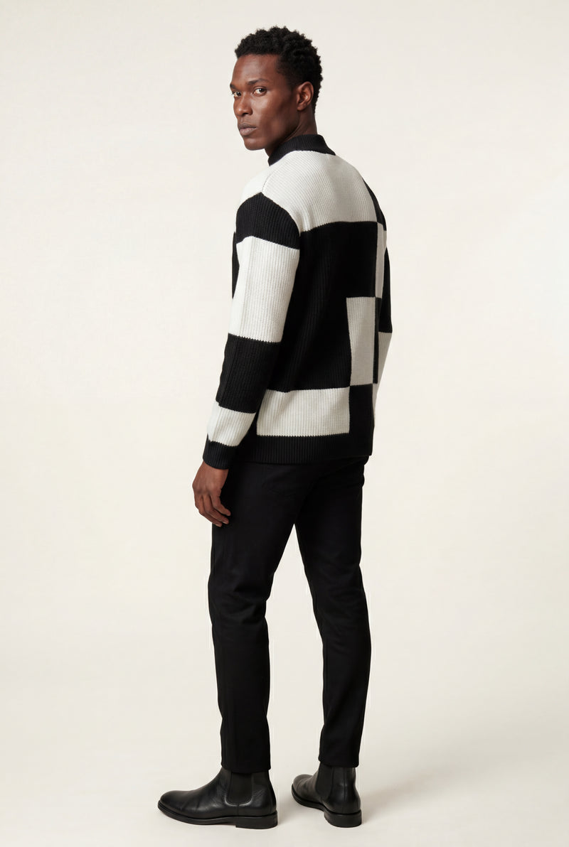 Black Checkered Block Crewneck Sweater with Ribbed Details - Checkered knit sweater - Photo 2