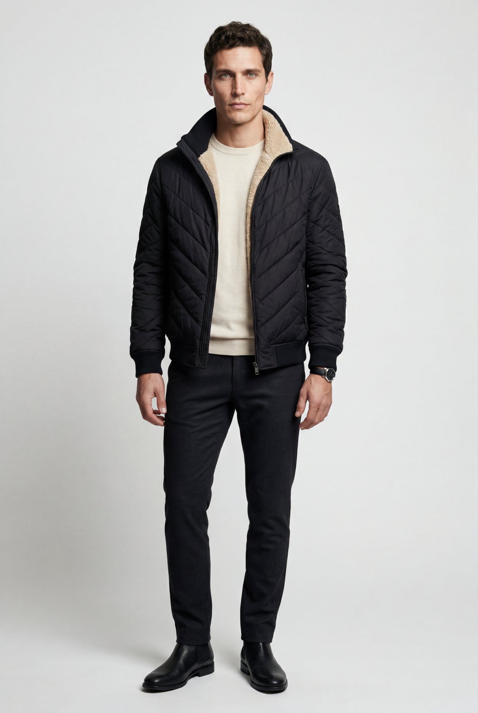 Black Chevron Quilted Lightweight Bomber Jacket with Stand Collar - Quilted jacket - Photo 1