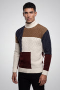 Brown Chunky Color Block Cable Turtleneck Sweater - Crewneck sweater - Photo 1