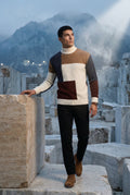 Brown Chunky Color Block Cable Turtleneck Sweater - Crewneck sweater - Photo 2