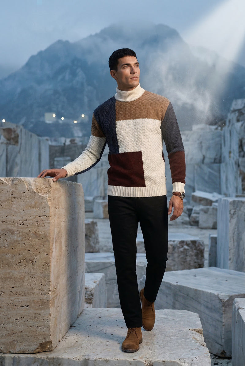 Brown Chunky Color Block Cable Turtleneck Sweater - Crewneck sweater - Photo 2