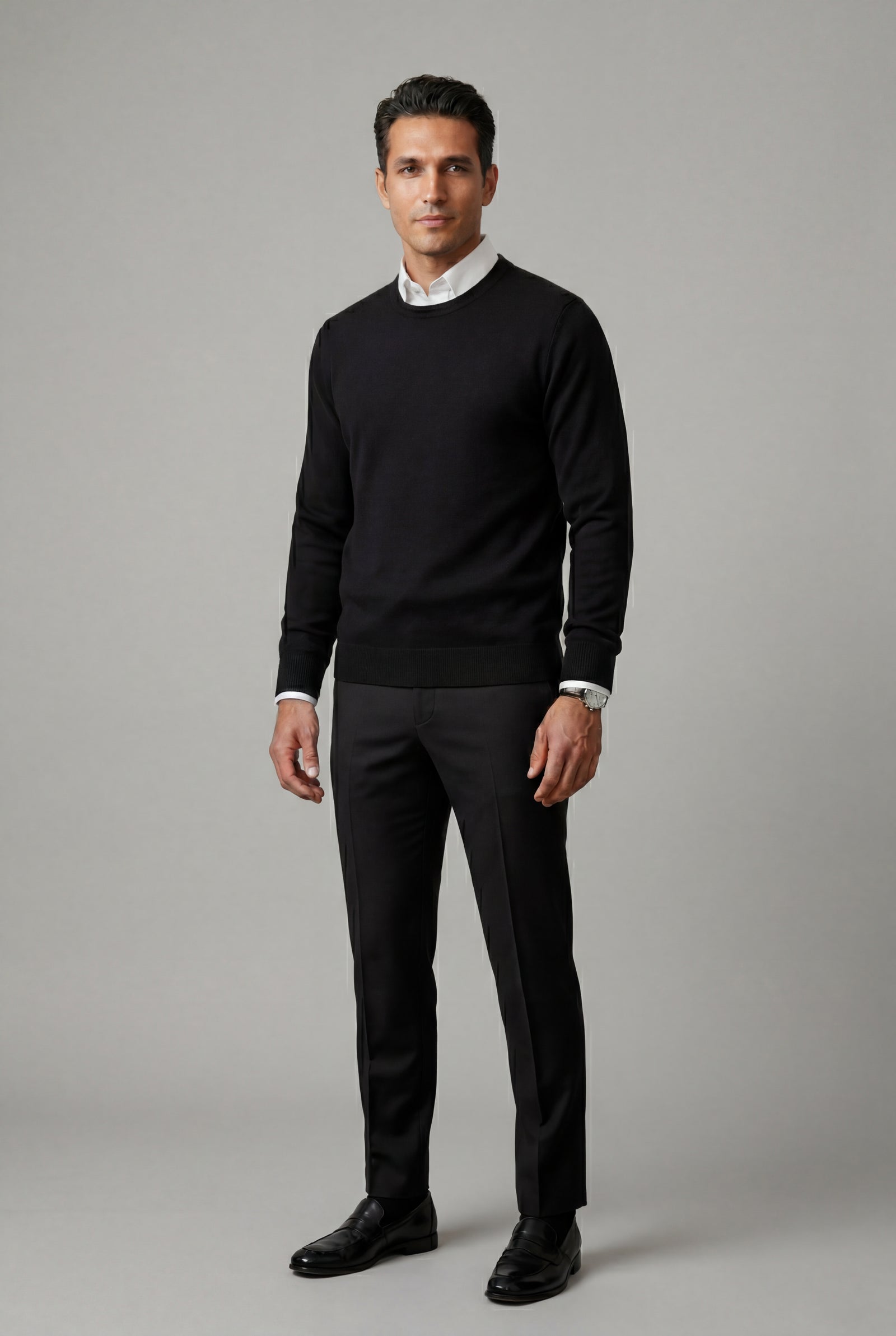 Black Classic Crew Neck Pullover Sweater with Ribbed Trim - Round neck sweater - Photo 2