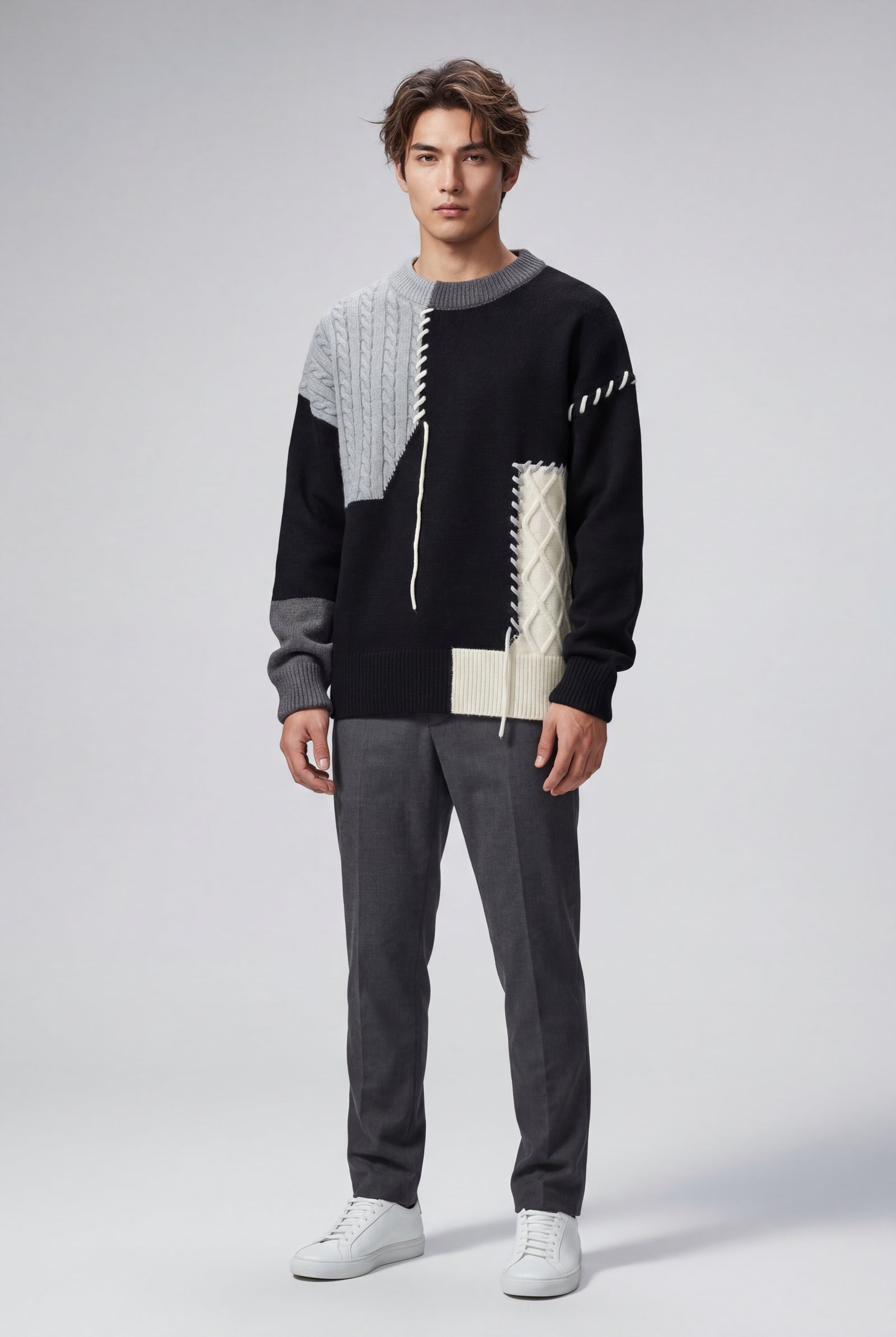 Black Colorblock Patchwork Textured Crewneck Sweater - Photo 3