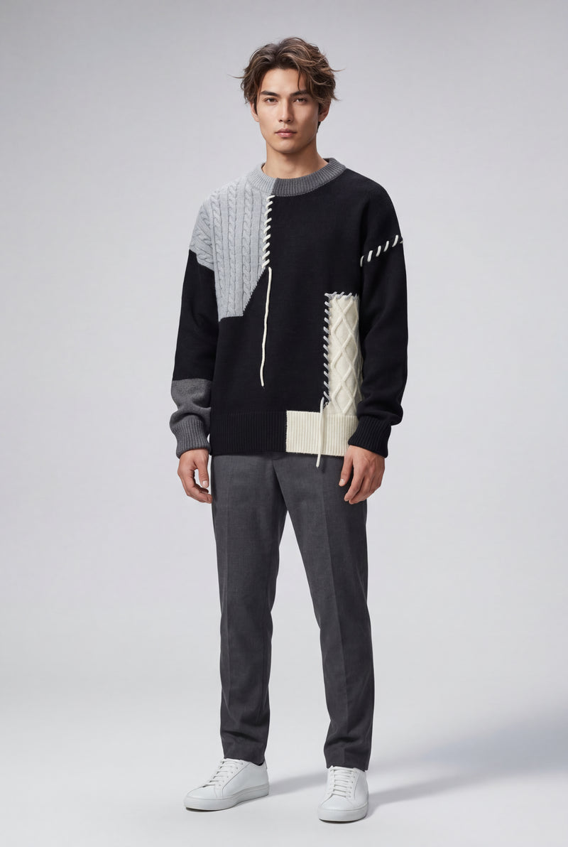 Black Colorblock Patchwork Textured Crewneck Sweater - Photo 3