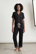 Black Contrast Piping Short Sleeve Pajama Set with Bow Waistband - Photo 2