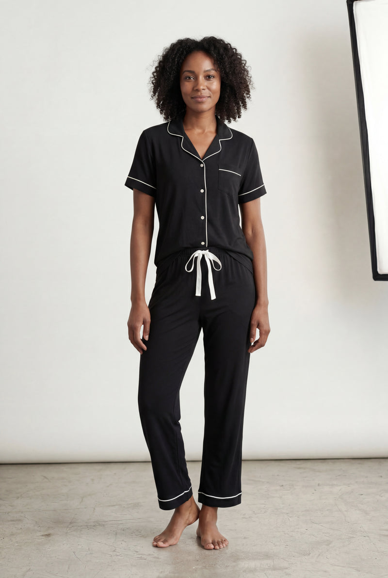 Black Contrast Piping Short Sleeve Pajama Set with Bow Waistband - Photo 2