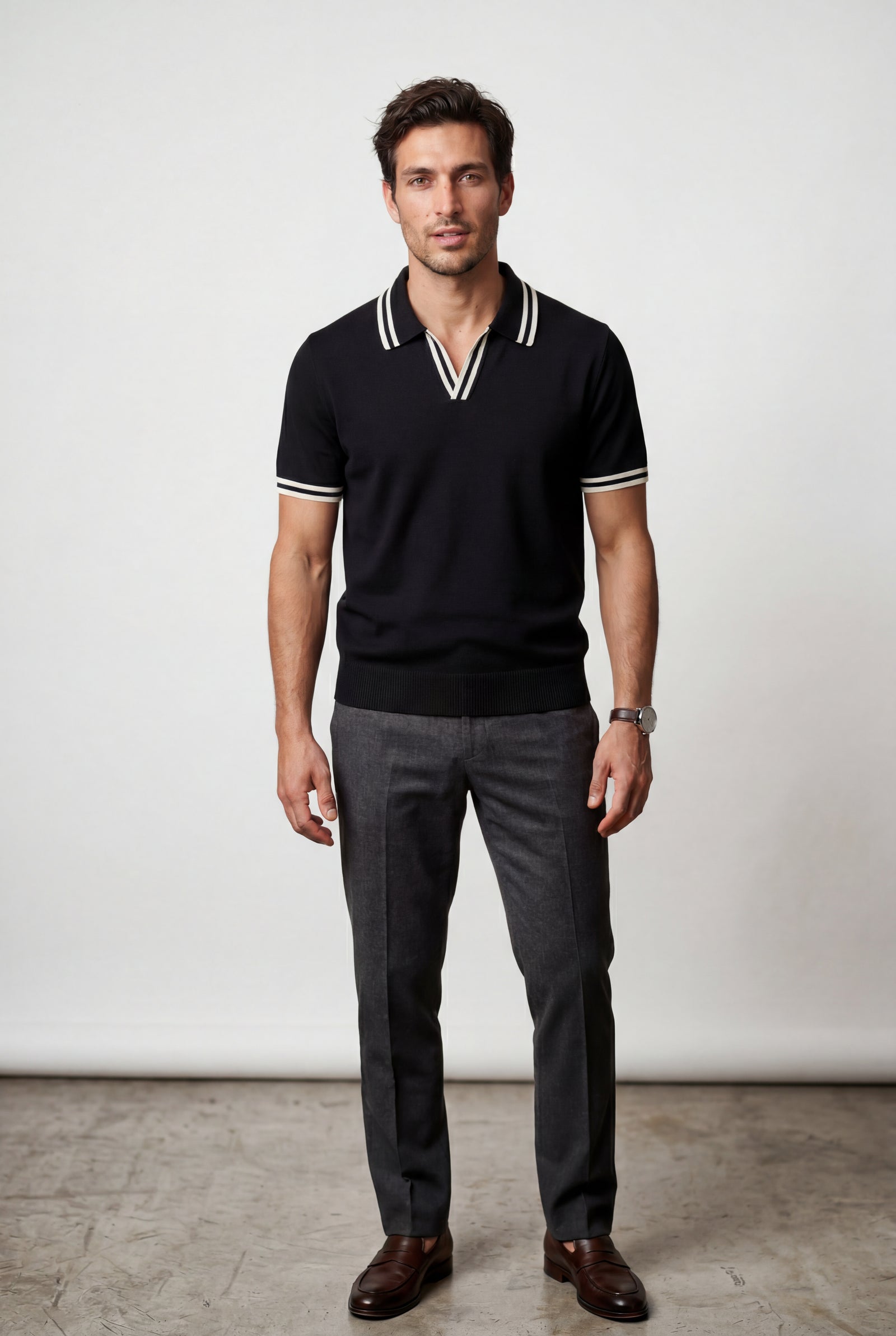 Black Contrast Tipping Polo Shirt with Open Collar - Polo shirts - Photo 4