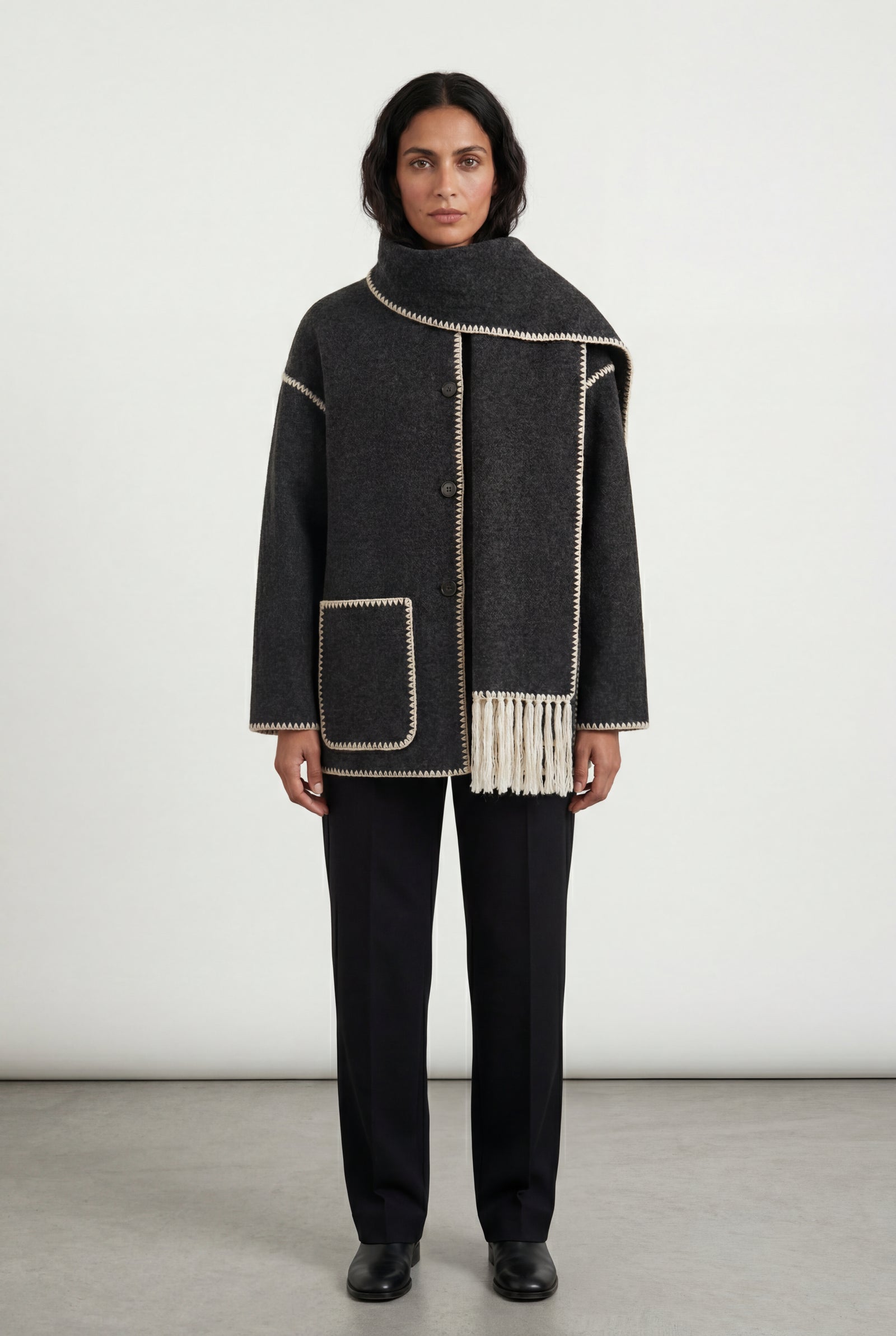Black Contrast Trim Wrap Jacket with Attached Fringed Scarf - Photo 3