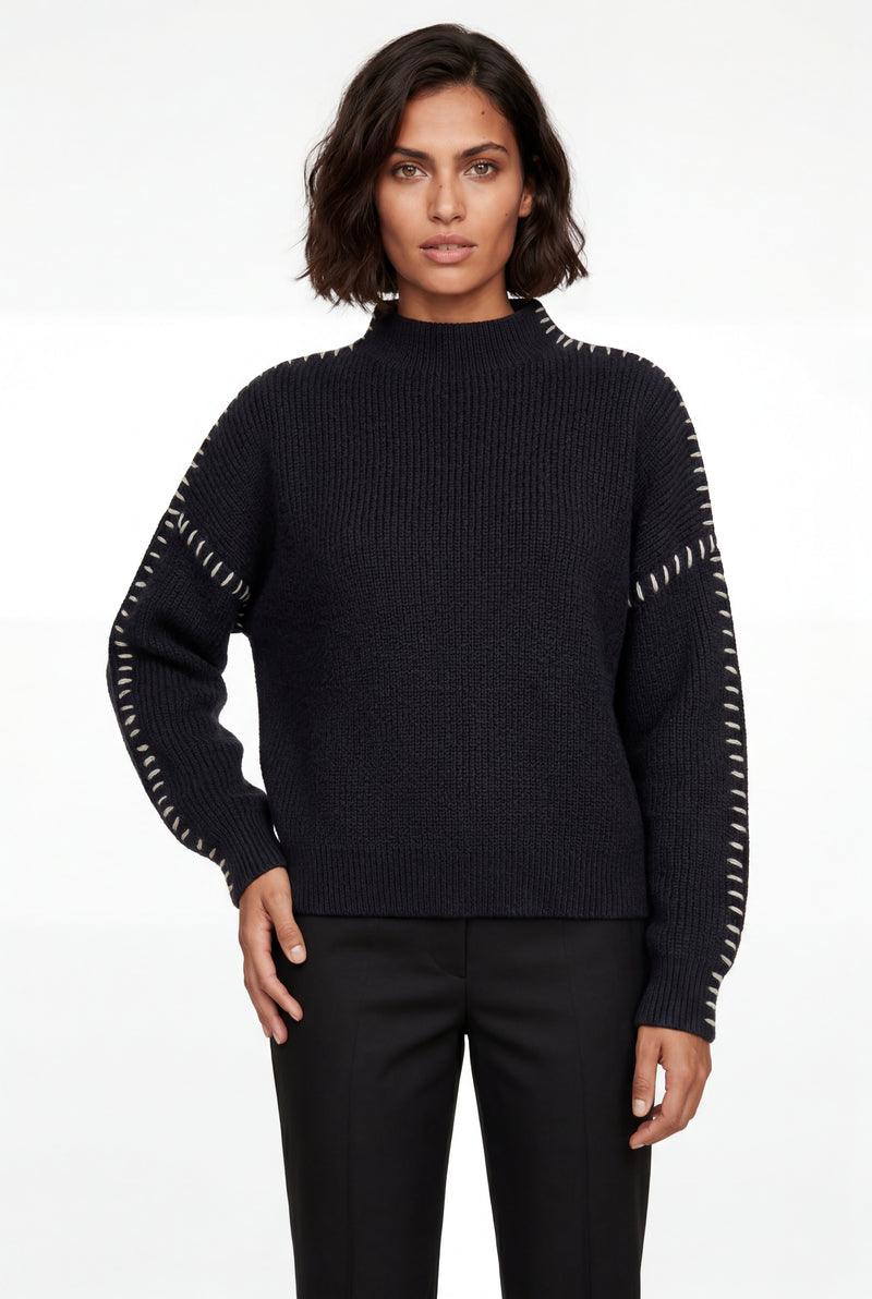 Black Contrast Whipstitch Navy Knitted Pullover Sweater - Knitted sweater - Photo 1