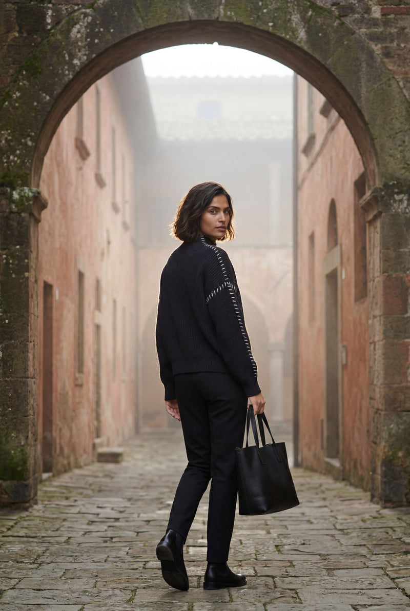 Black Contrast Whipstitch Navy Knitted Pullover Sweater - Knitted sweater - Photo 4