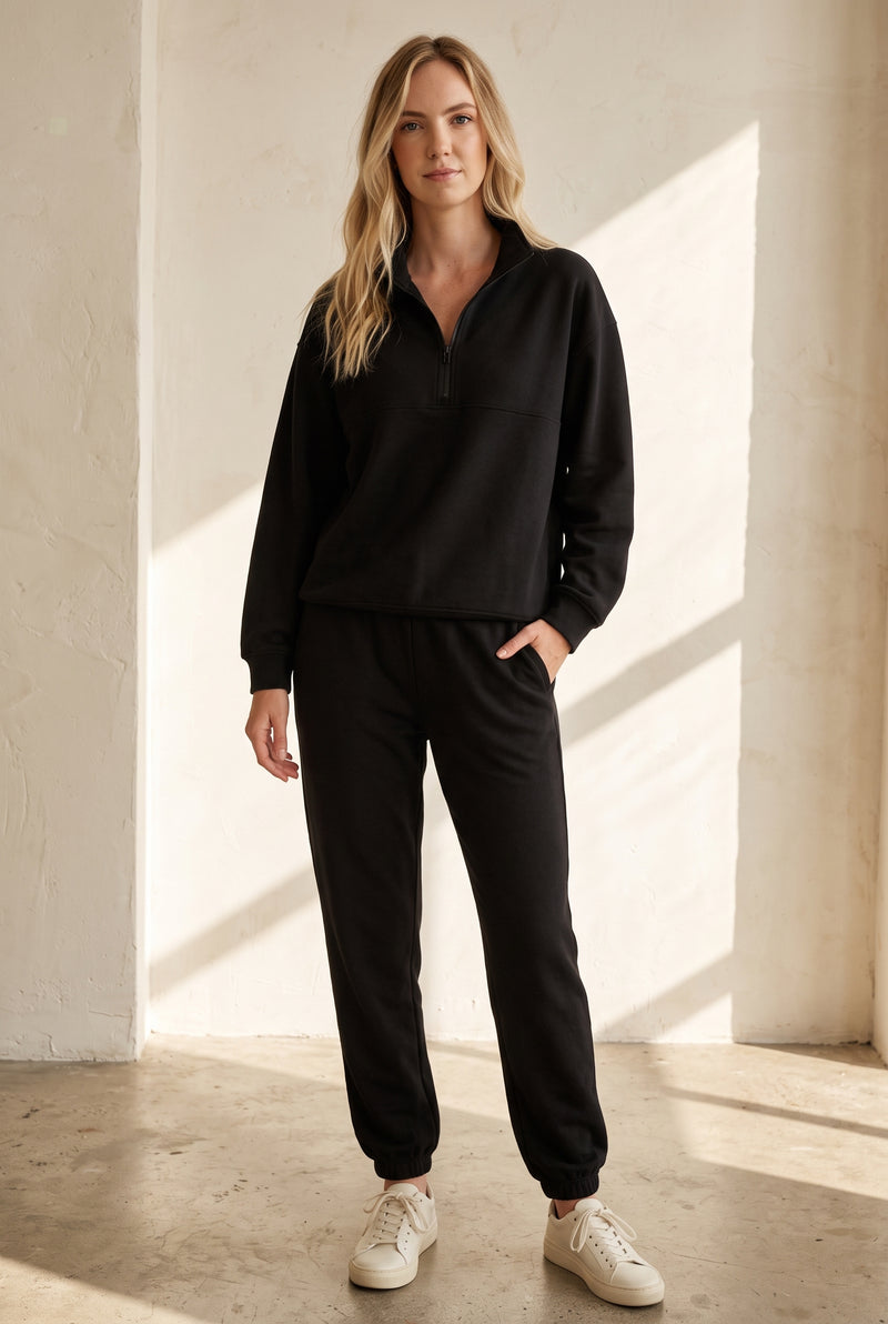Cotton Half-Zip Tracksuit Set in Black — studio front