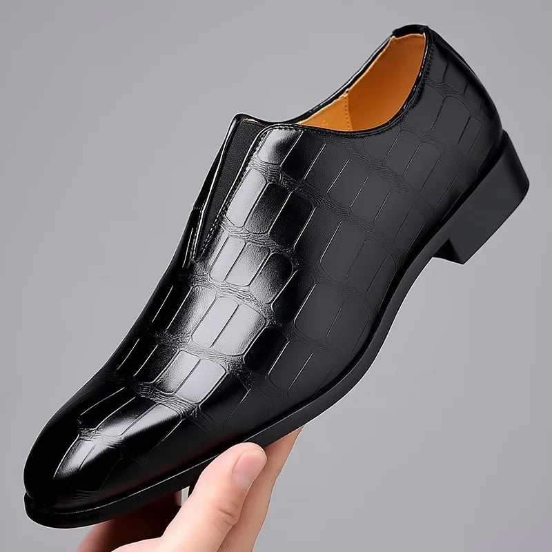Black Crocodile-embossed Slip-on Glossy Dress Shoes - Photo 6