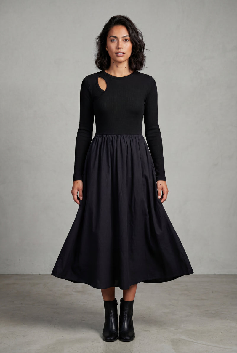 Black Cutout Long Sleeve Fit-and-flare Black Maxi Dress - Photo 1