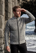Gray Diamond Jacquard Zip-up Cardigan with Ribbed Stand Collar - Photo 13