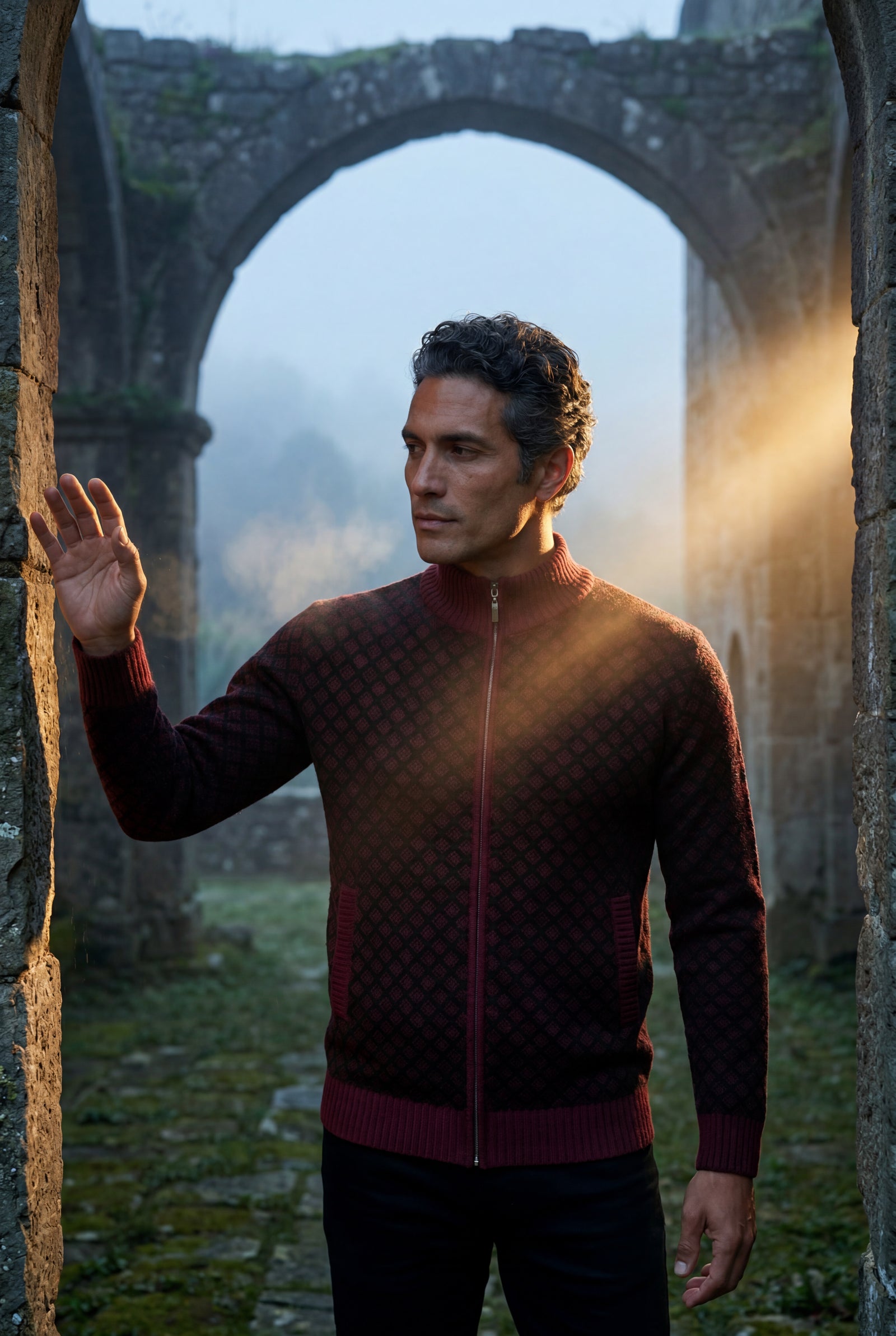 Wine Red Diamond Jacquard Zip-up Cardigan with Ribbed Stand Collar - Photo 16