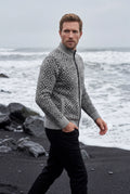 Gray Diamond Jacquard Zip-up Cardigan with Ribbed Stand Collar - Photo 6
