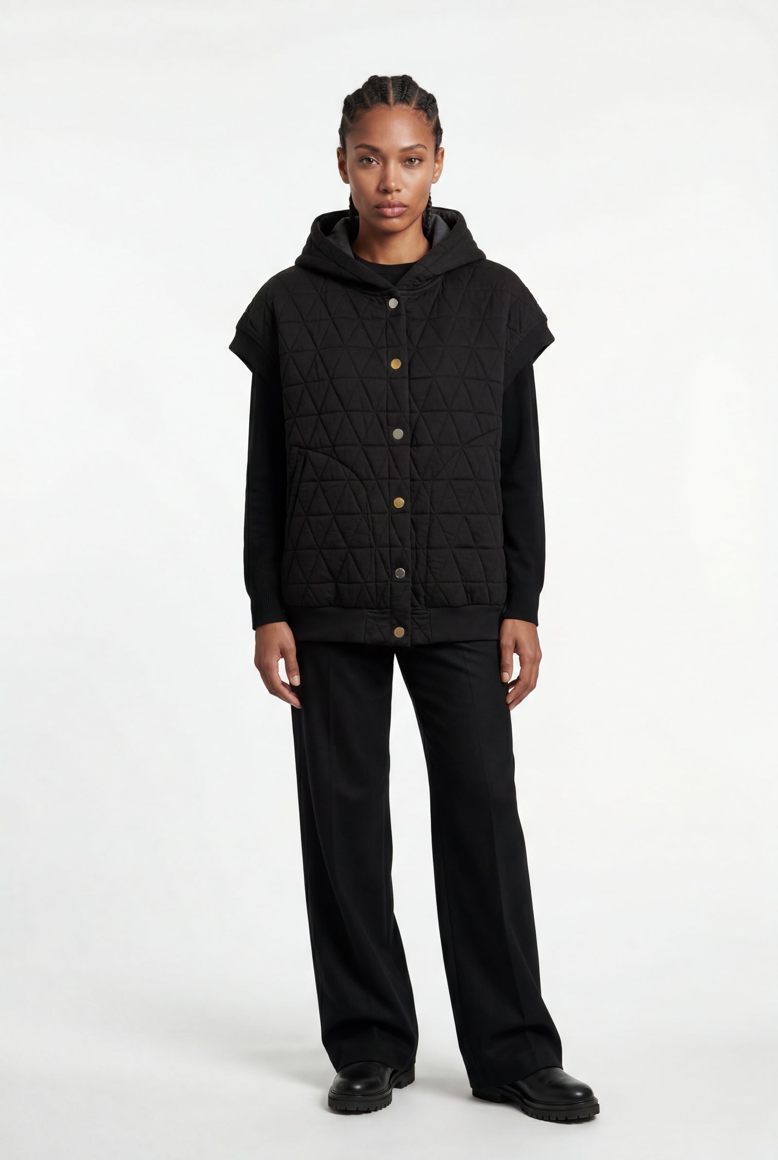 Black Diamond Quilted Hooded Puffer Vest with Snap Buttons - Puffer vests - Photo 1