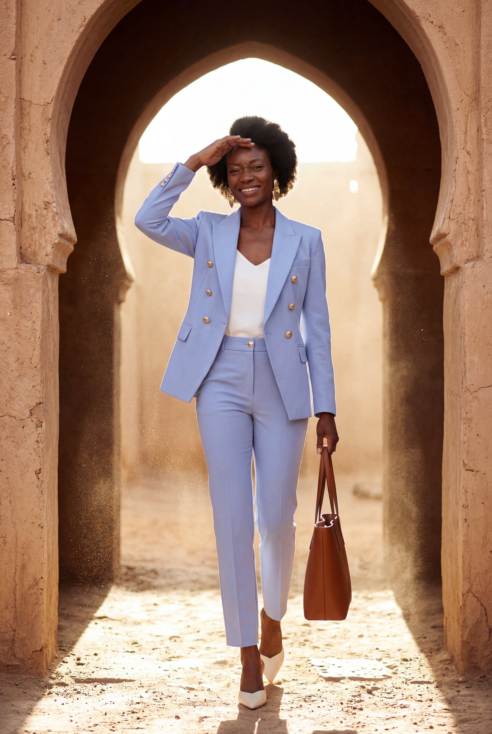 Light Blue Double-breasted Blazer and Slim Trouser Suit Set - Photo 28