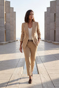 Beige Double-breasted Blazer and Slim Trouser Suit Set - Photo 34