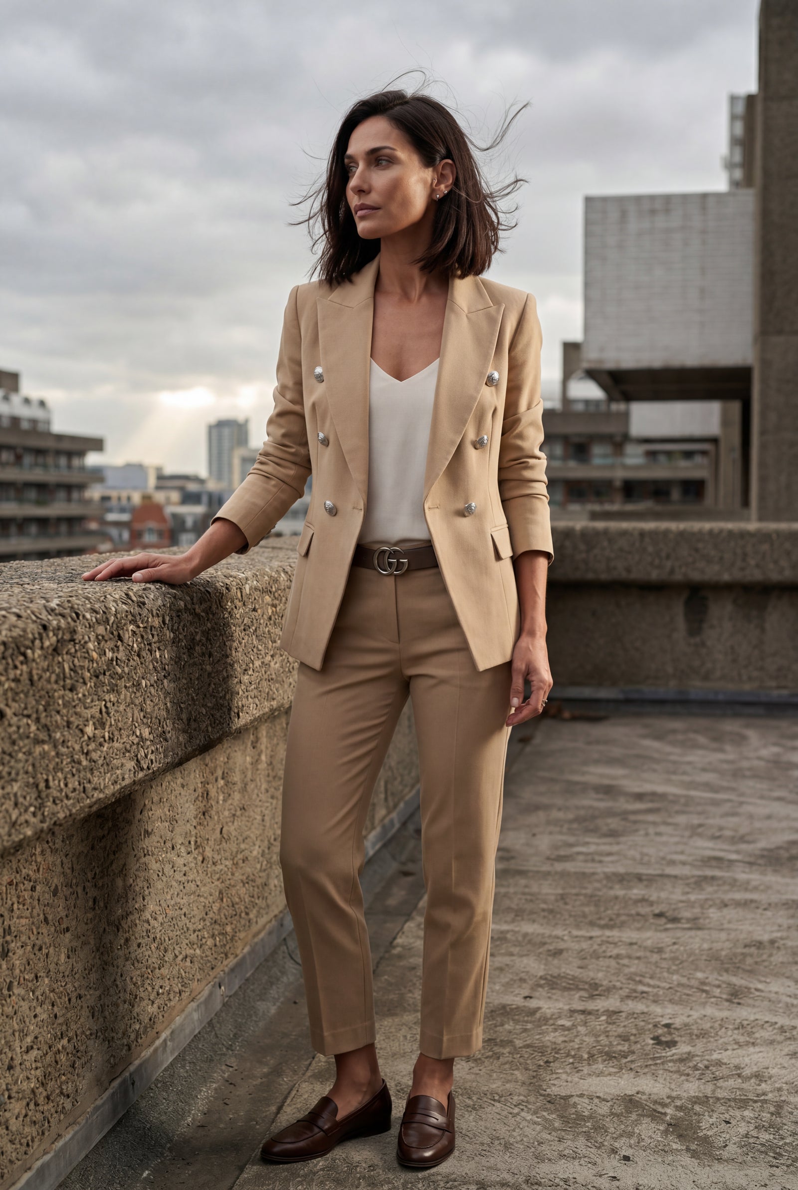 Beige Double-breasted Blazer and Slim Trouser Suit Set - Photo 35