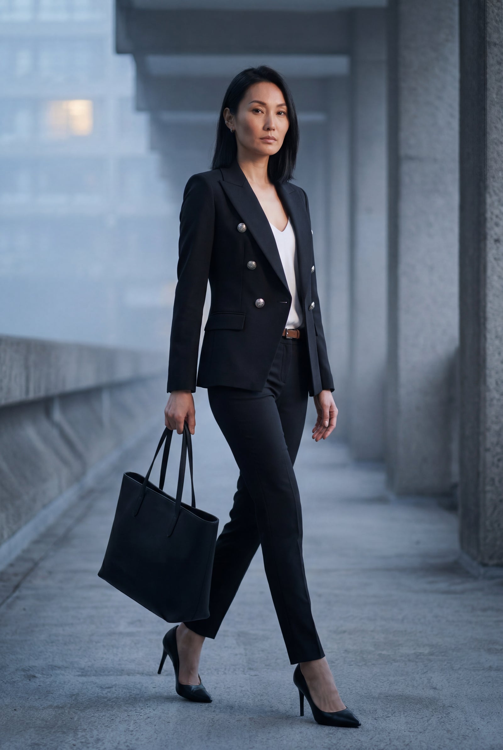 Black Double-breasted Blazer and Slim Trouser Suit Set - Photo 4