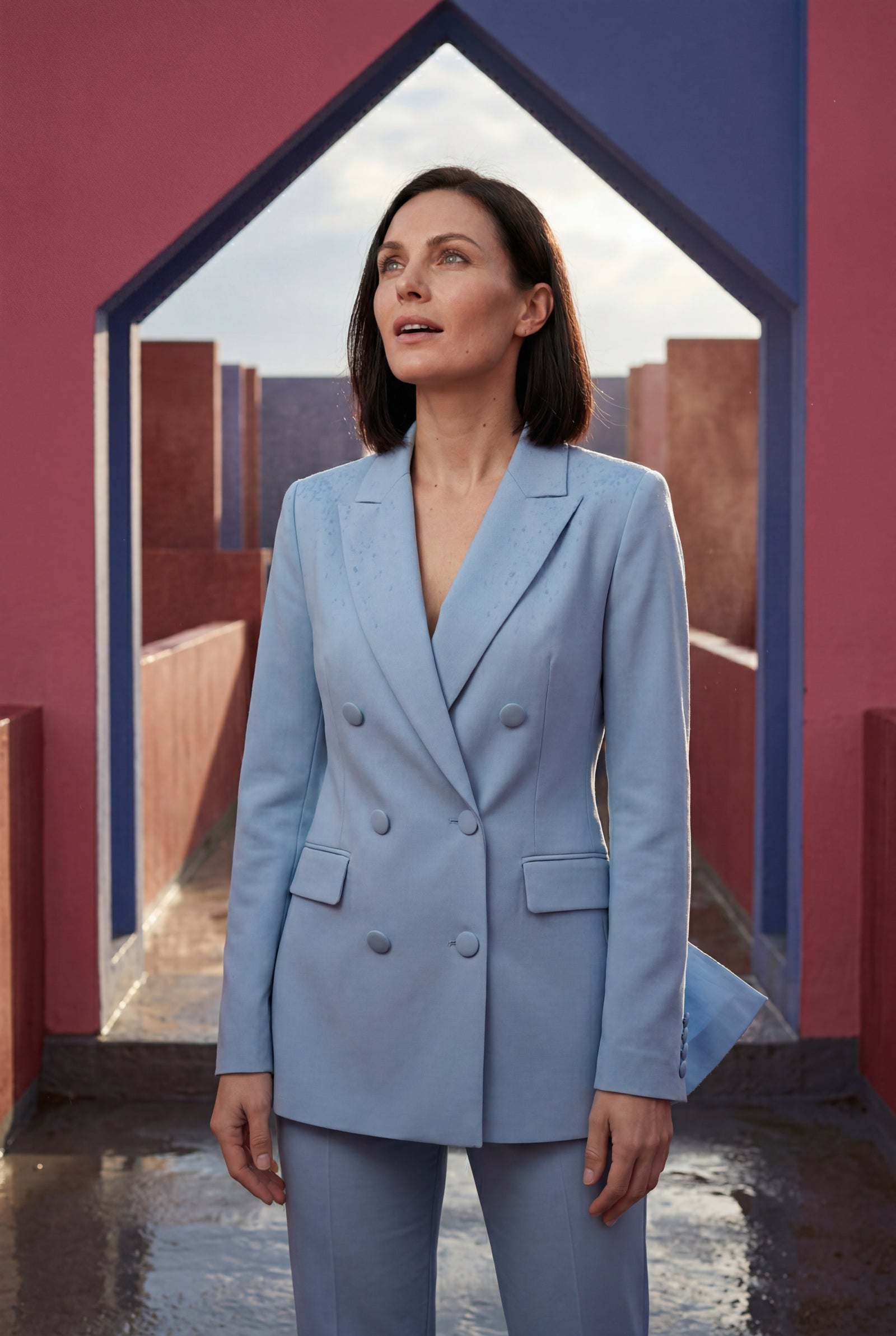 Blue Double-breasted Classic Fit Blazer with Notched Lapel - Photo 13