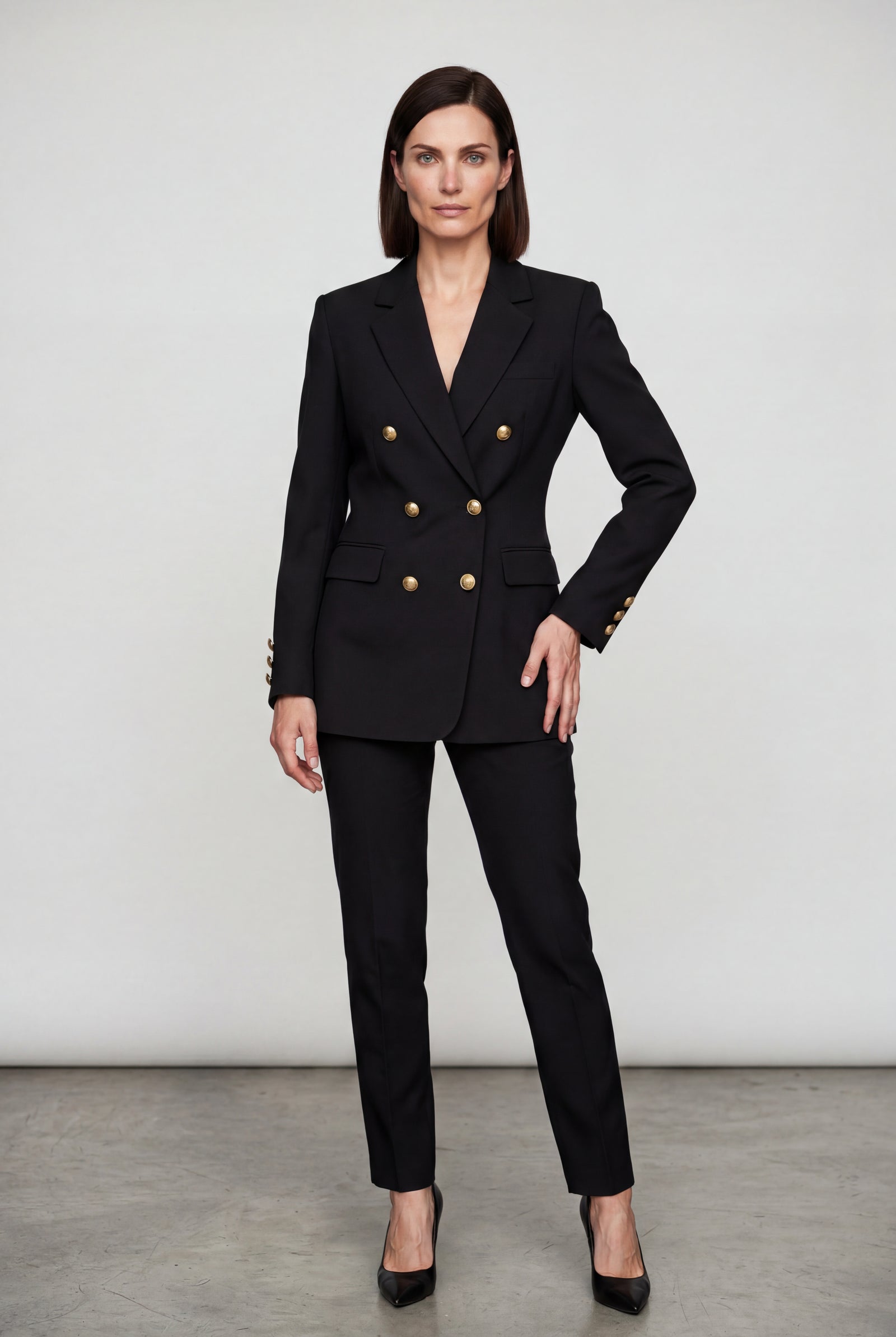 Black Double-breasted Fitted Blazer with Gold Buttons - Photo 20