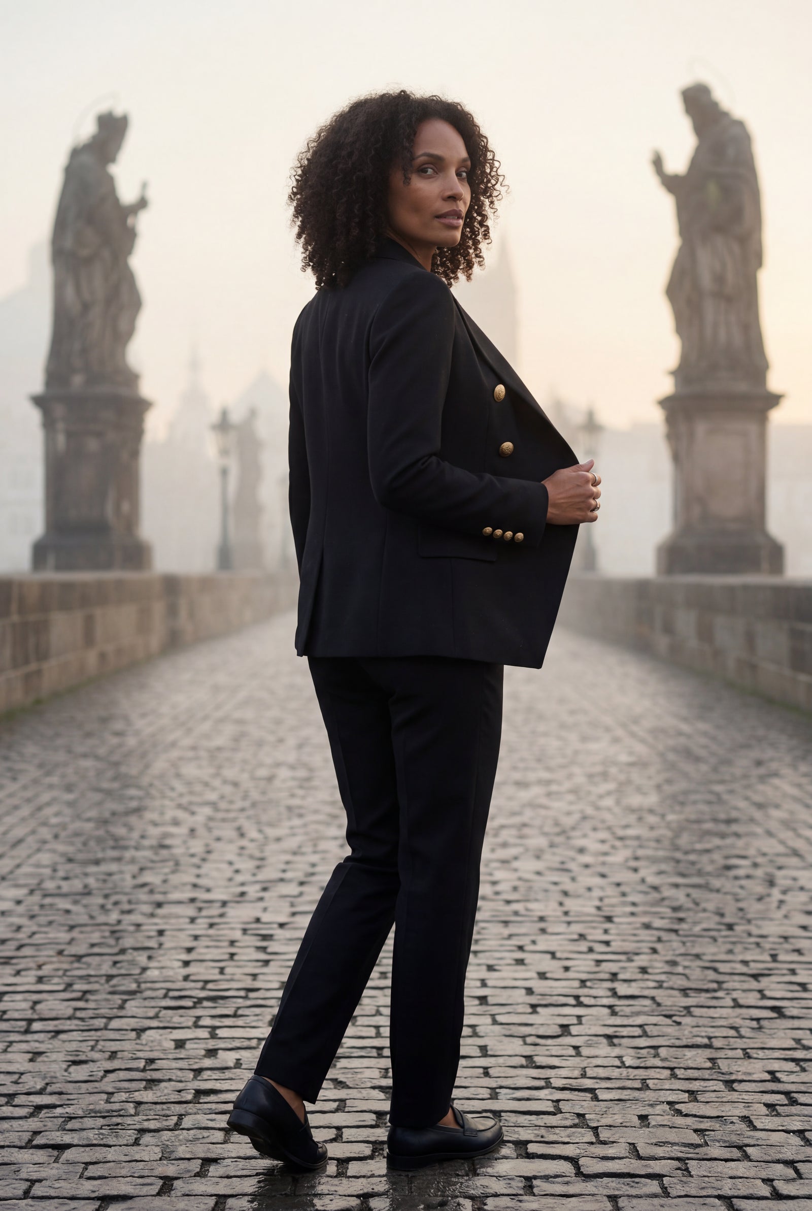 Black Double-breasted Gold Button Tailored Blazer - Tailored blazers - Photo 10