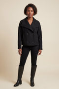 Black Double-breasted Hip-length Short Coat with Classic Collar - Short coats - Photo 1