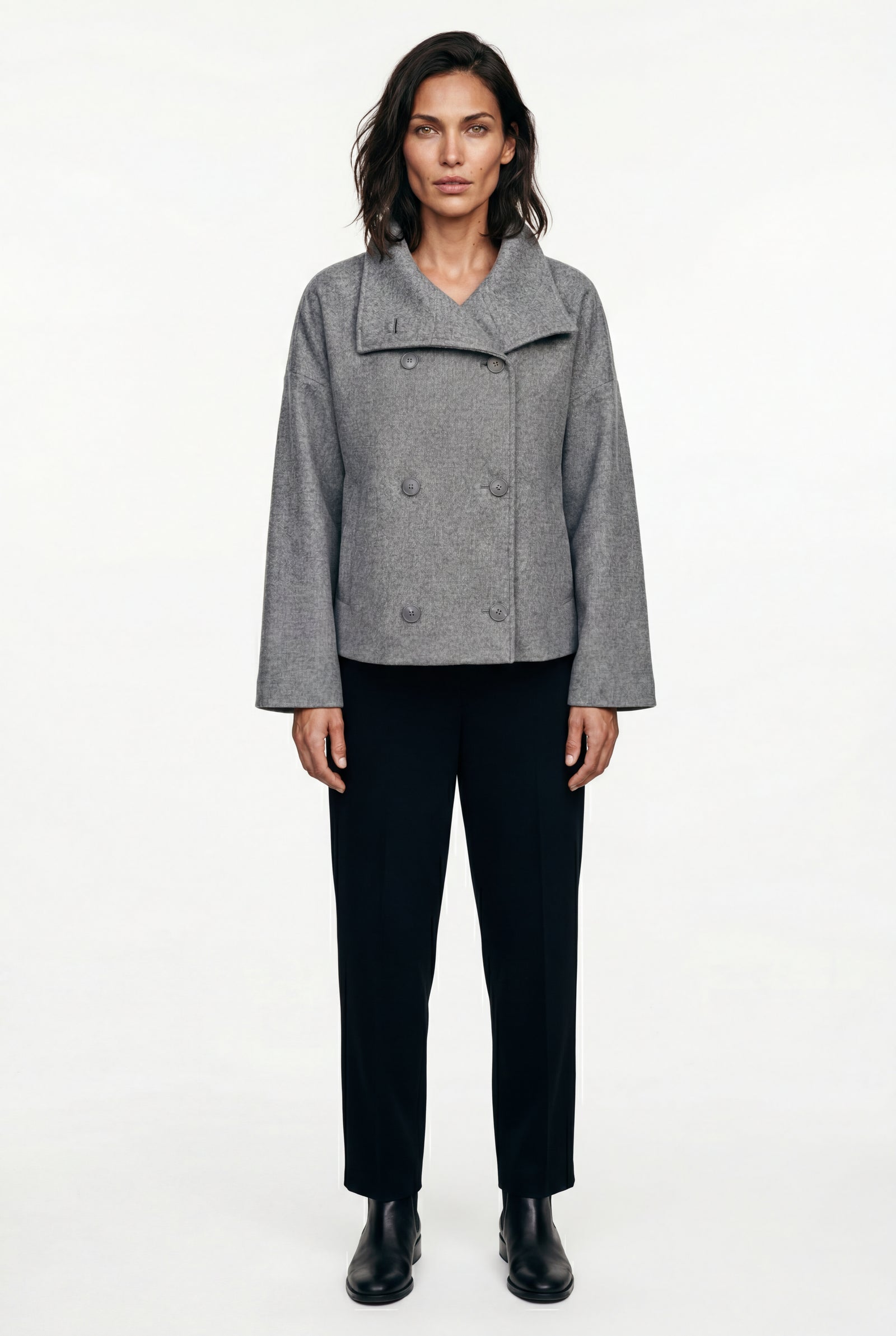 Gray Double-breasted Hip-length Short Coat with Classic Collar - Short coats - Photo 10