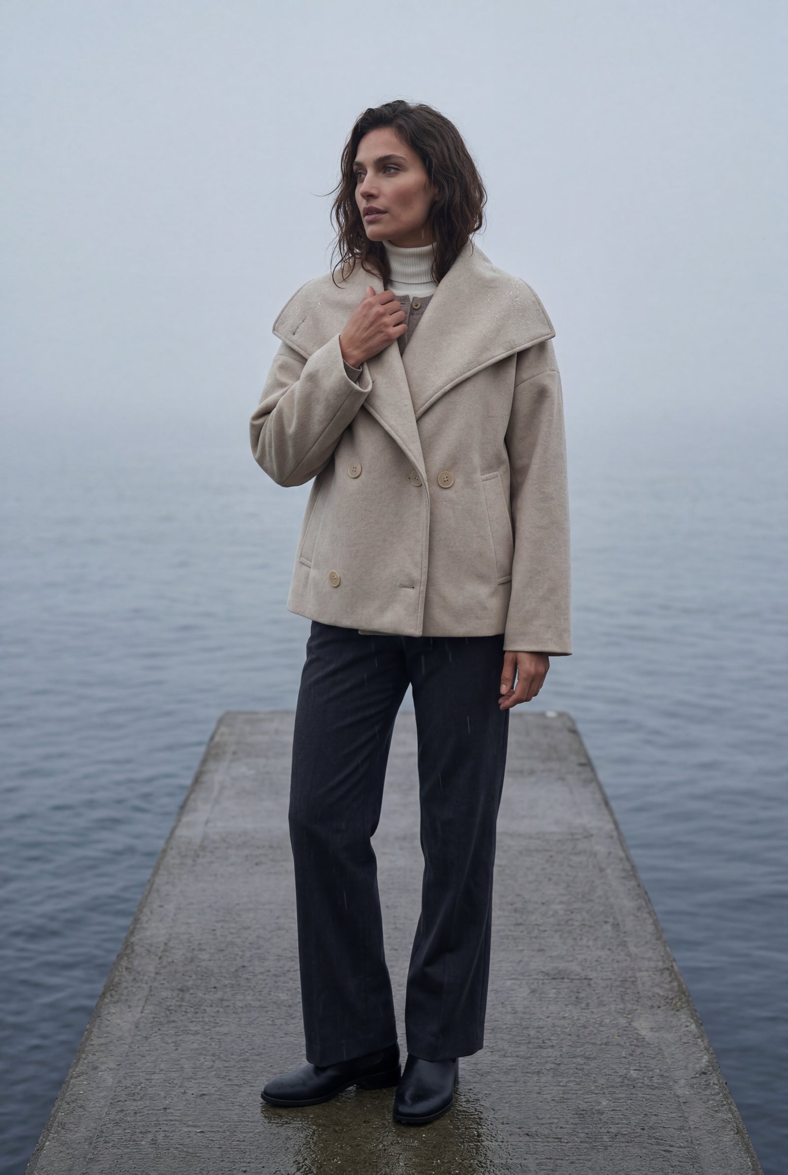 Beige Double-breasted Hip-length Short Coat with Classic Collar - Short coats - Photo 12