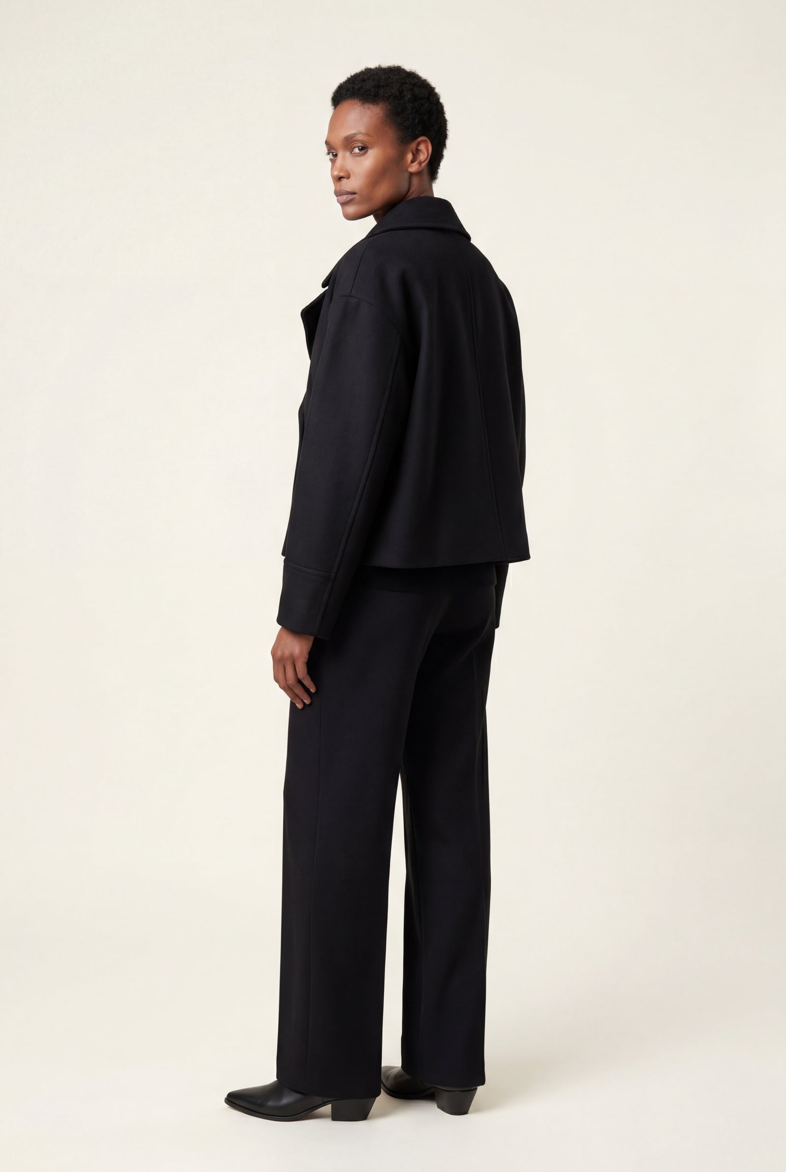 Black Double-breasted Hip-length Short Coat with Classic Collar - Short coats - Photo 15