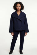 Navy Blue Double-breasted Hip-length Short Coat with Classic Collar - Short coats - Photo 2