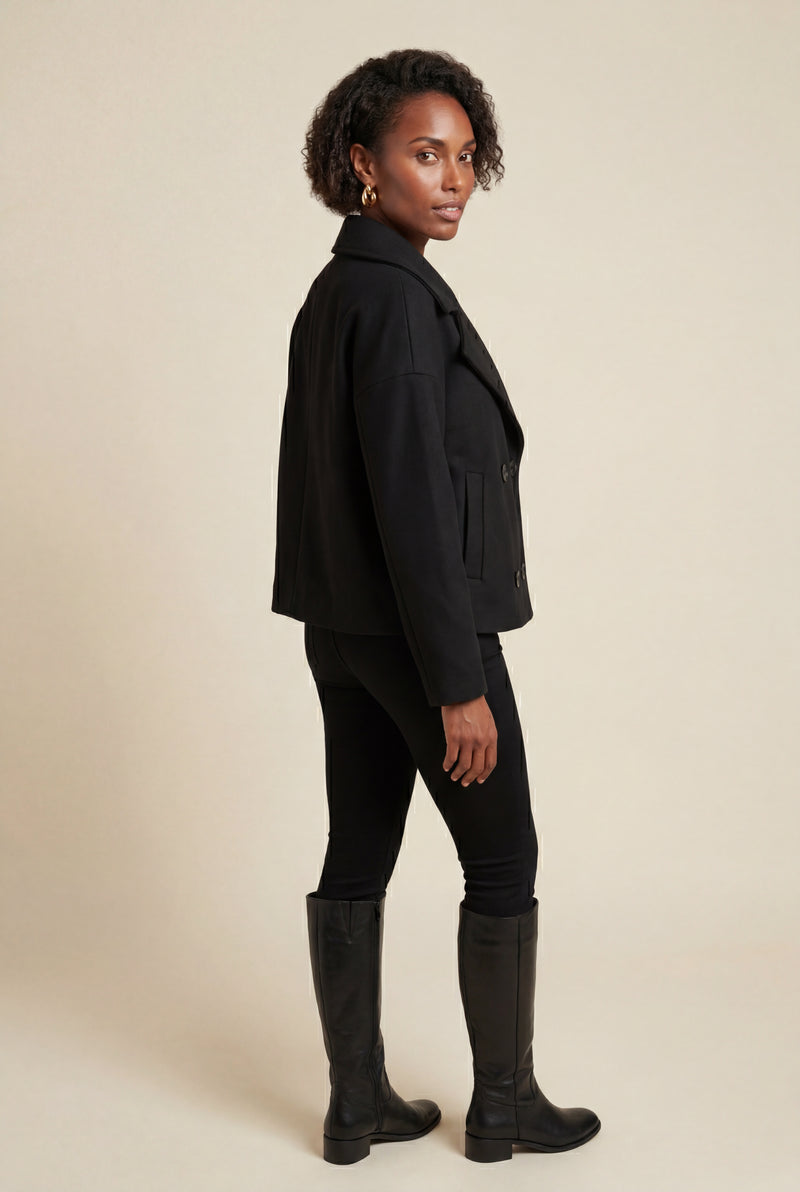 Black Double-breasted Hip-length Short Coat with Classic Collar - Short coats - Photo 3