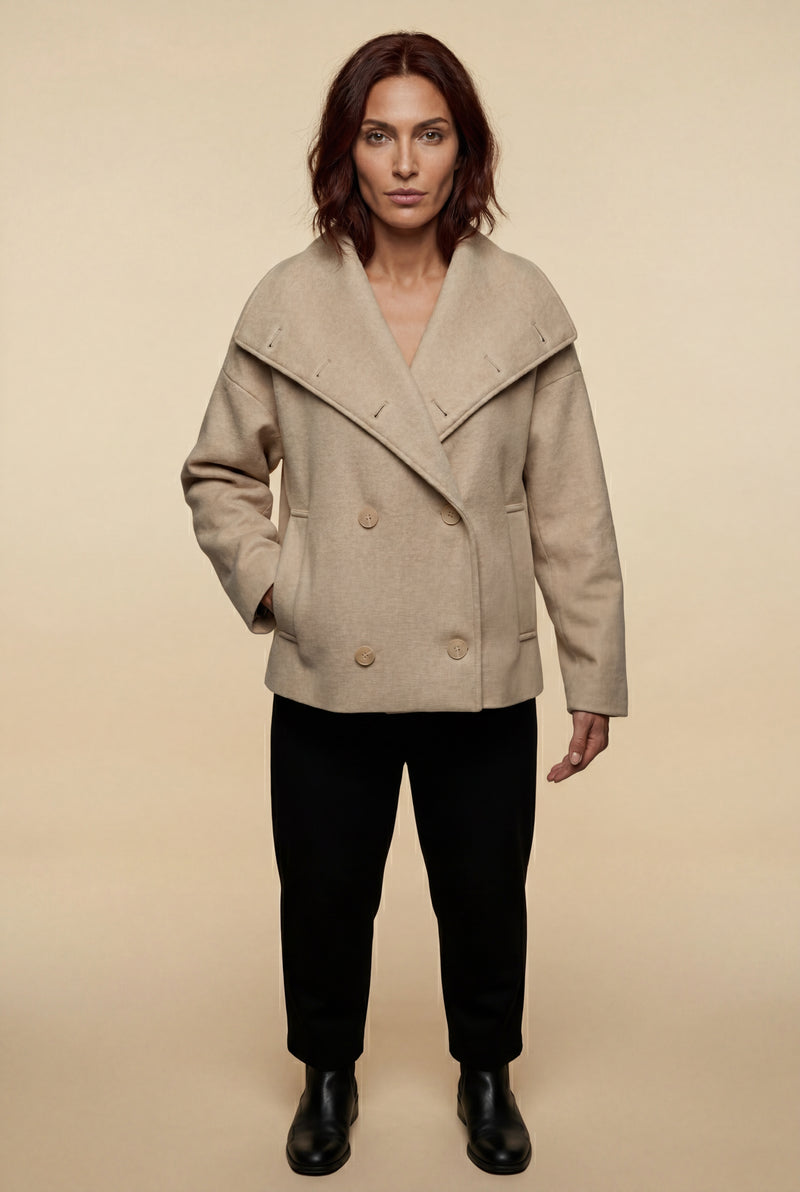 Beige Double-breasted Hip-length Short Coat with Classic Collar - Short coats - Photo 4
