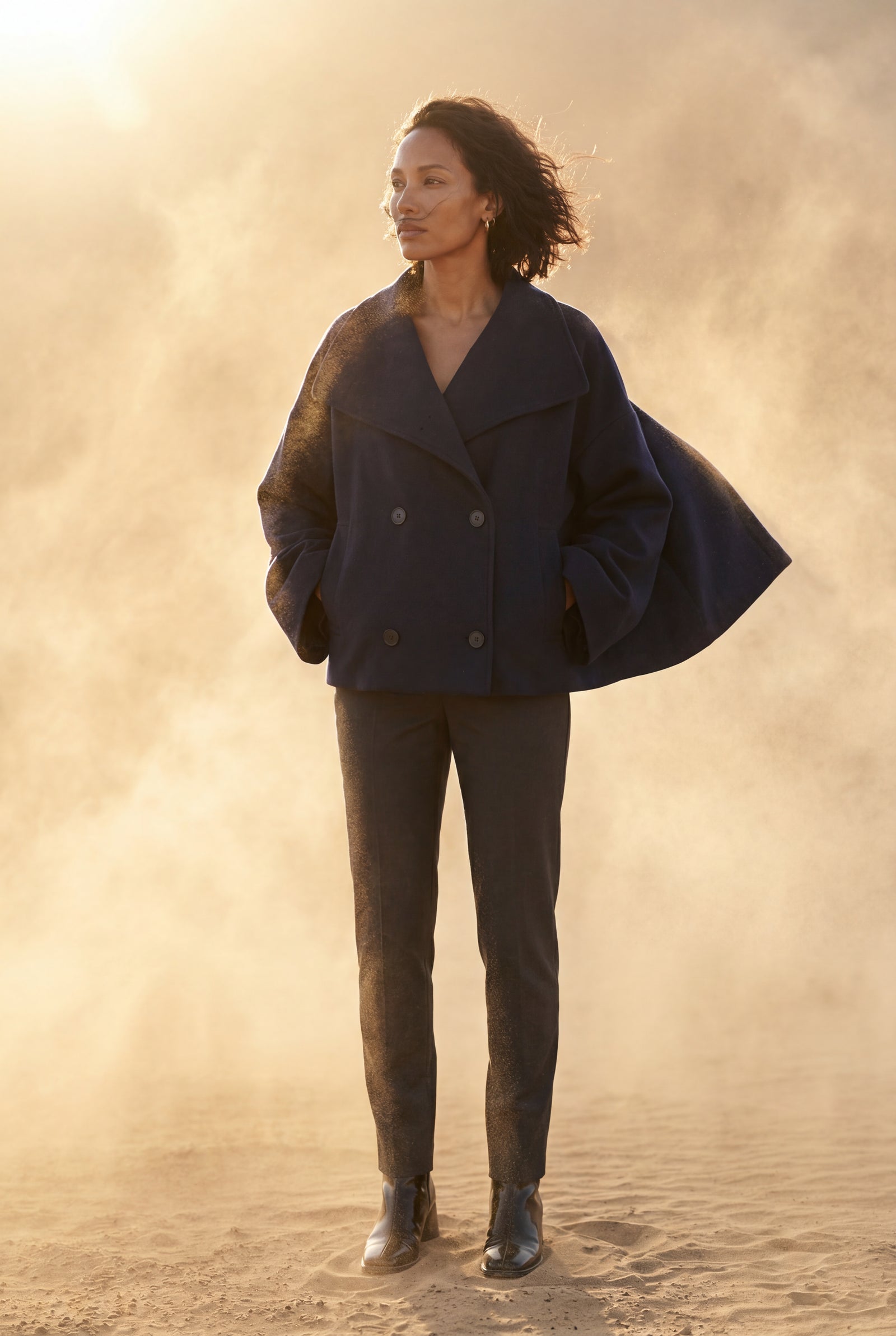 Navy Blue Double-breasted Hip-length Short Coat with Classic Collar - Short coats - Photo 8