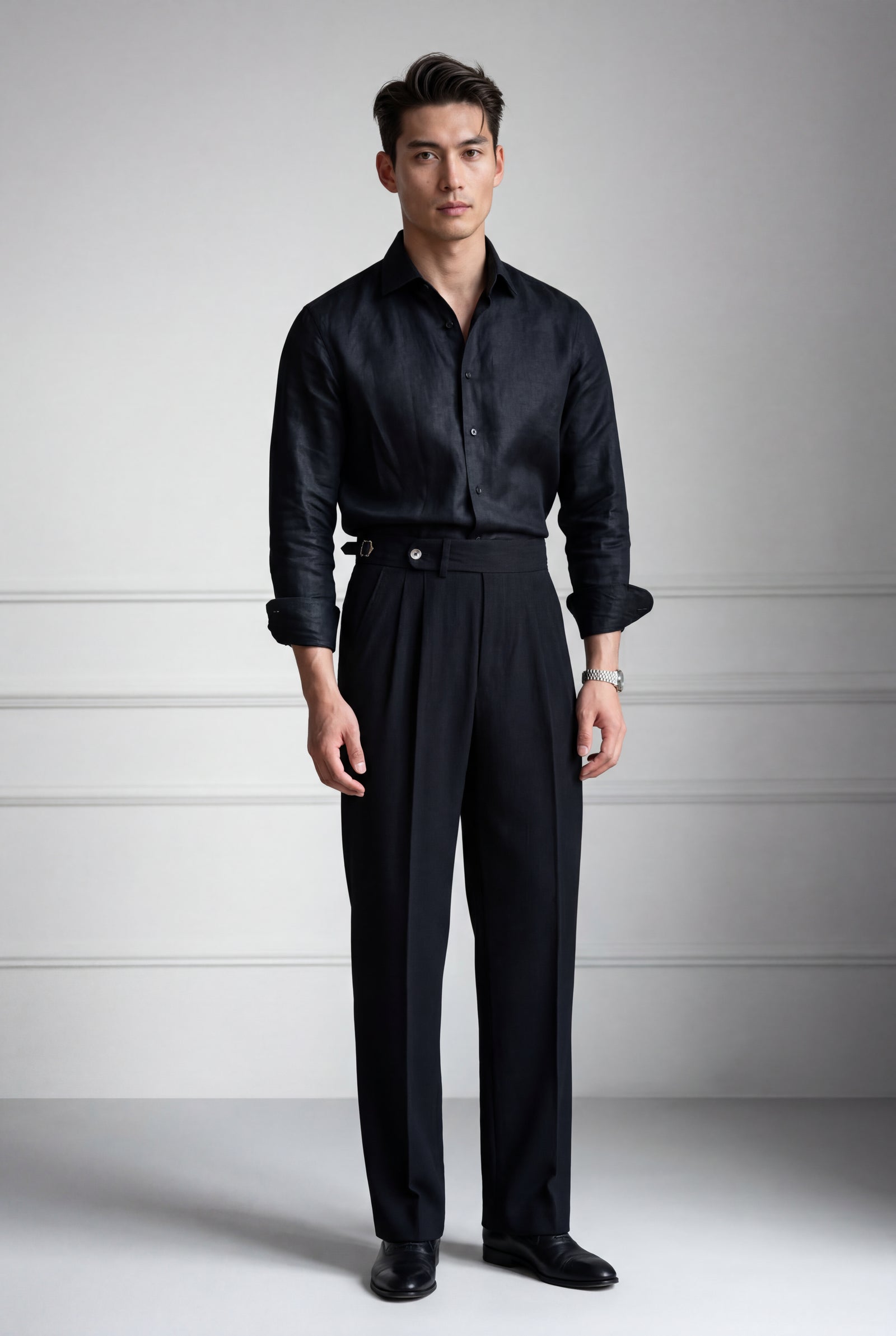 Black Double Pleat High-waisted Tailored Trousers with Side Adjusters - Pleated trousers - Photo 2