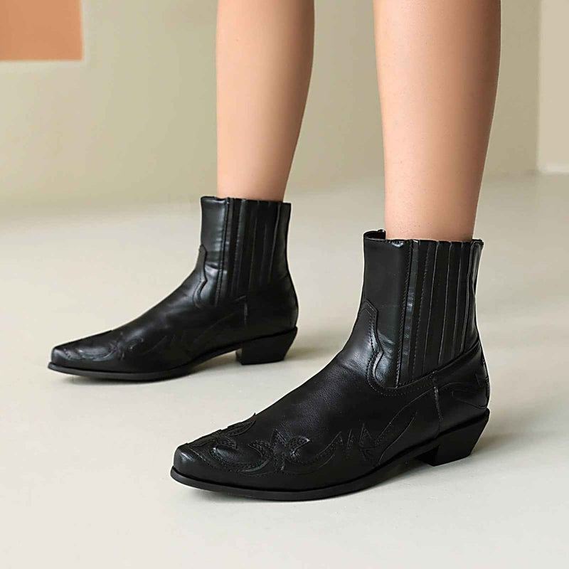 Black Embroidered Western Block Heel Ankle Boots - Photo 3