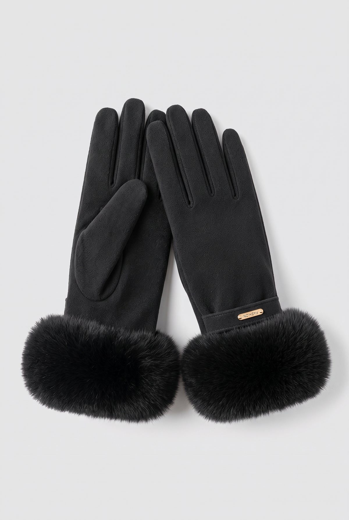 Faux Fur Cuff Gloves in Black — studio front