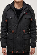 Faux-Fur Lined Parka in Black — studio front