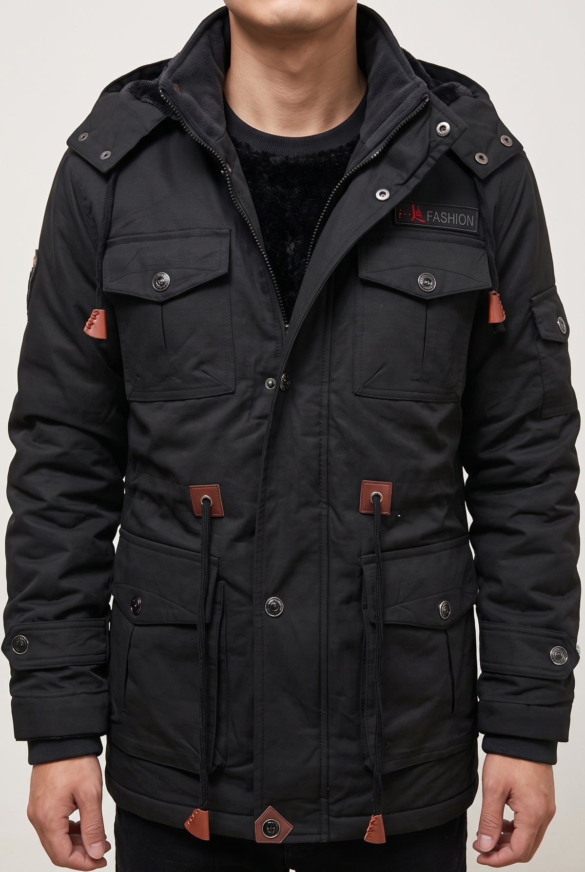 Faux-Fur Lined Parka in Black — studio front