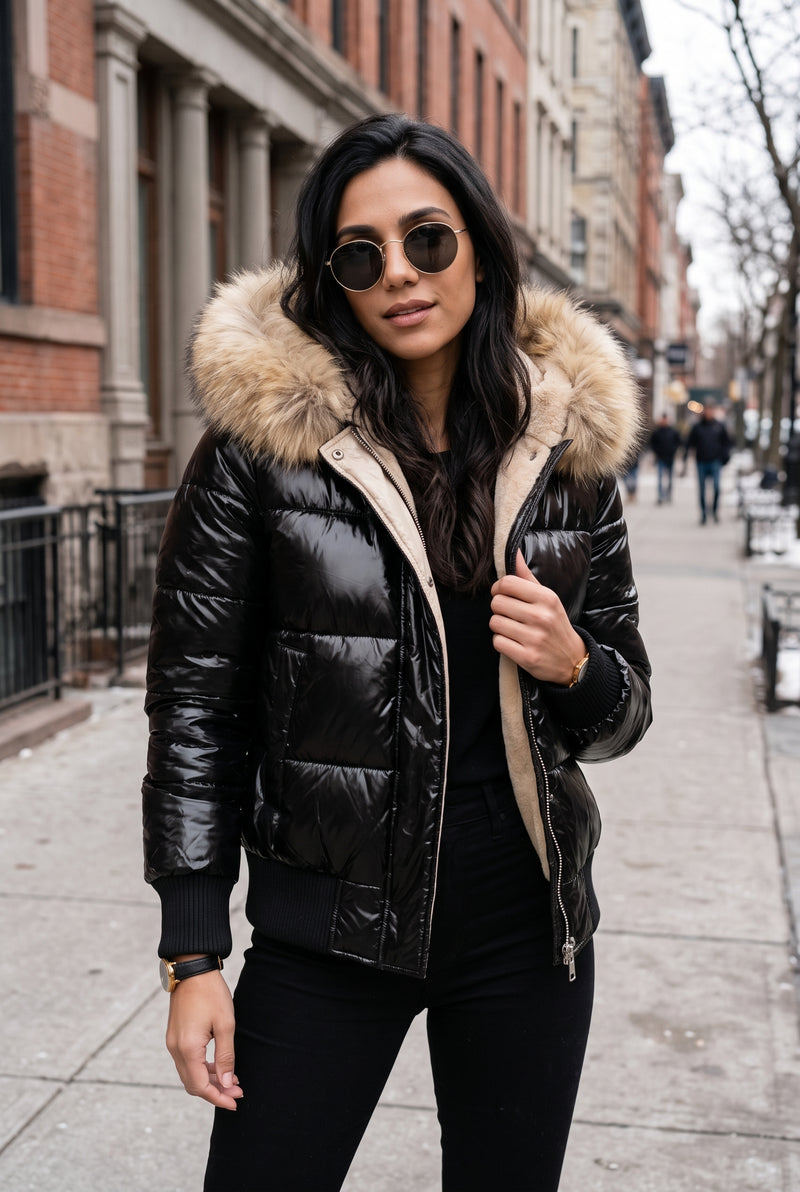 Faux Fur Trim Puffer Jacket in Black — lifestyle