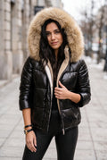 Faux Fur Trim Puffer Jacket in Black — studio front