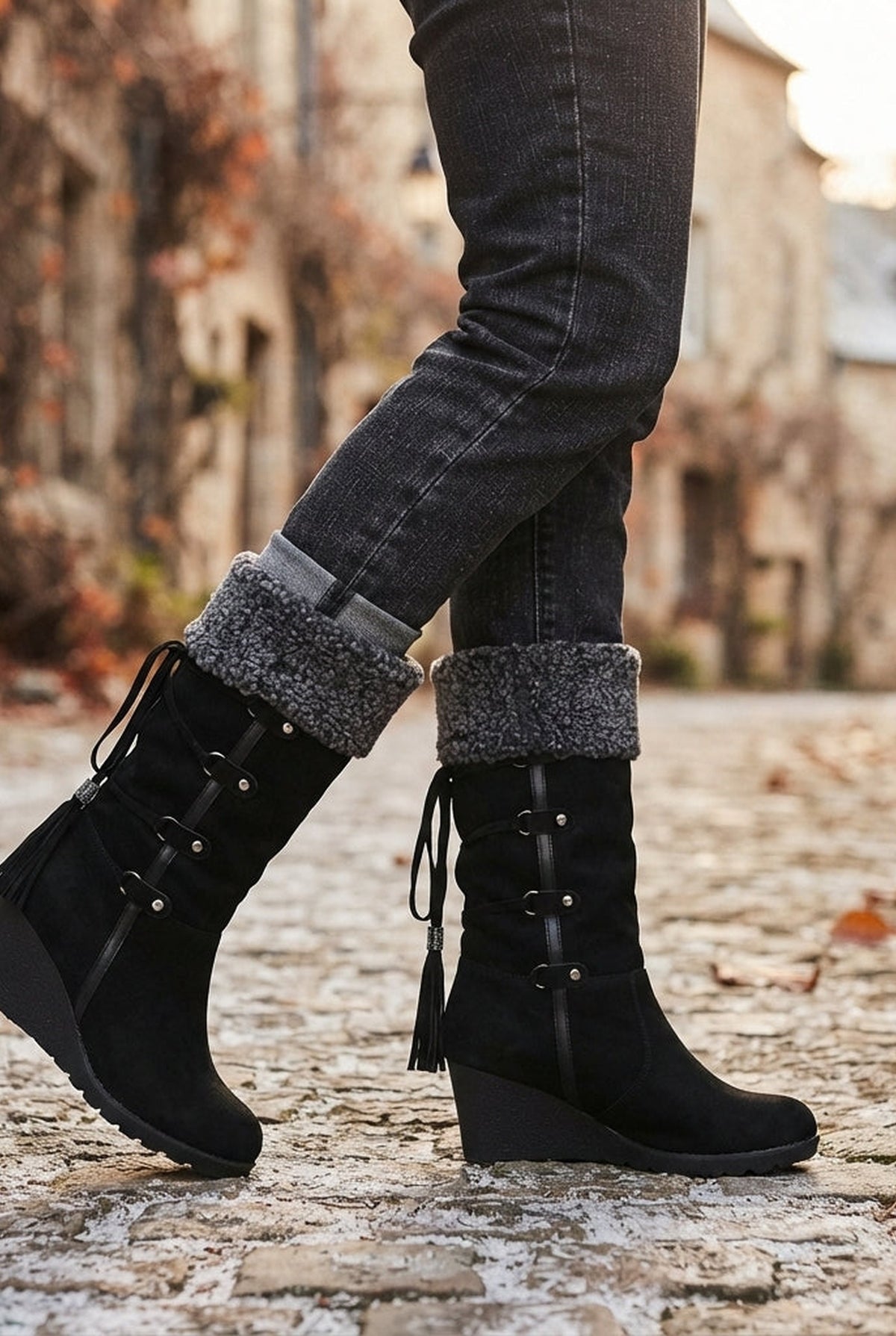 Faux Shearling Knee-High Boots in Black — side