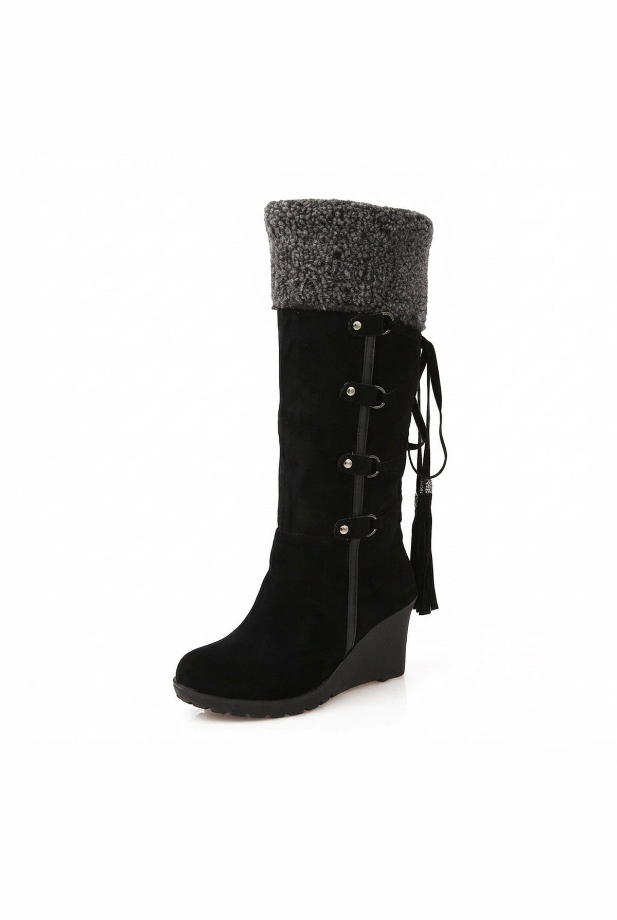 Faux Shearling Knee-High Boots in Black — front view