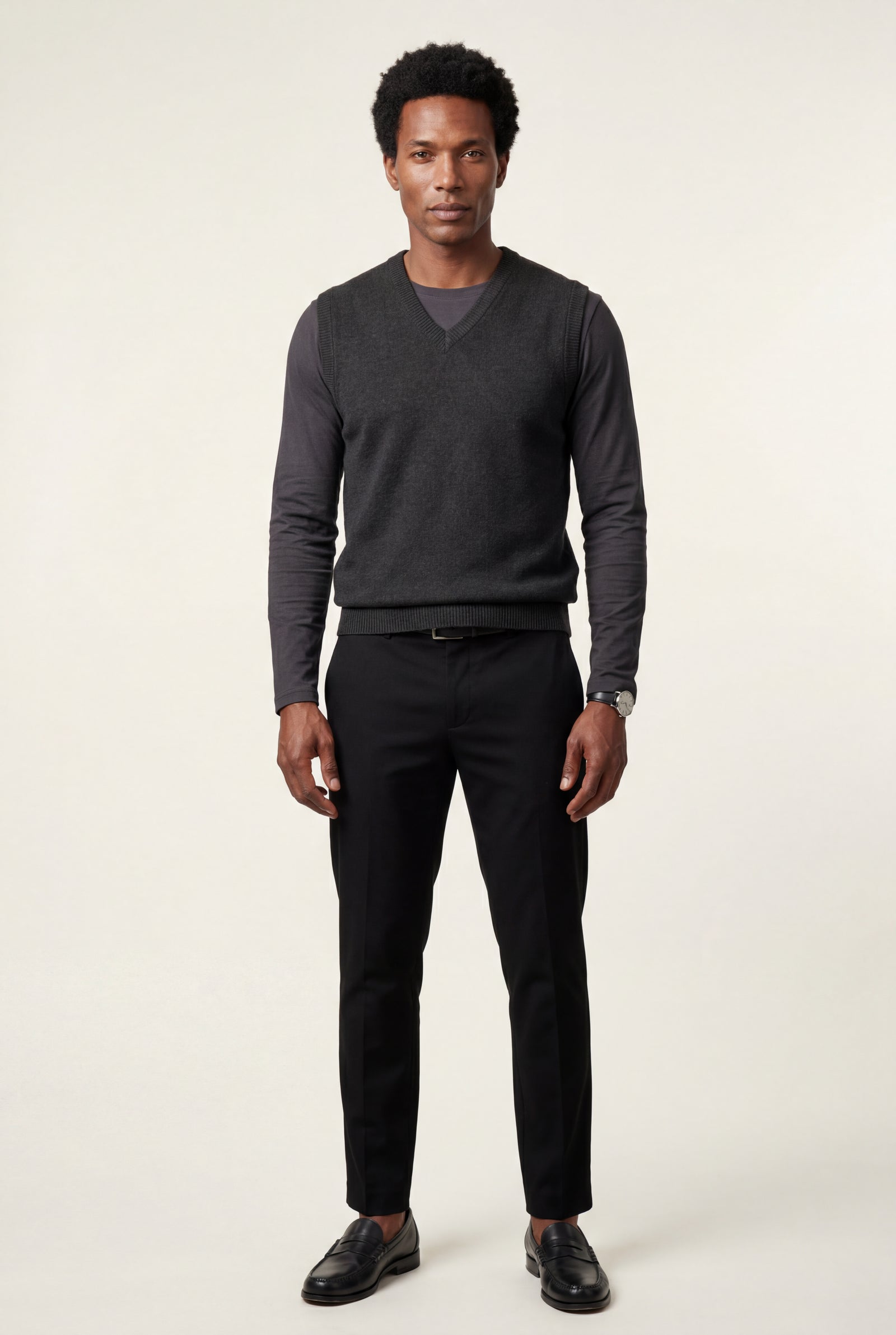 Black Fine V-neck Sweater Vest with Ribbed Hem - Vests - Photo 9
