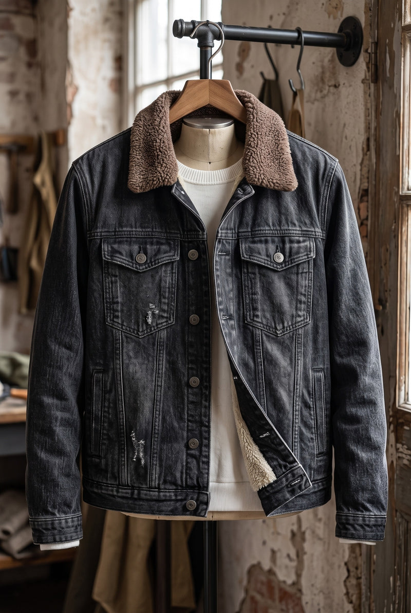 Fleece-Lined Denim Trucker Jacket in Black — Stilenza main image